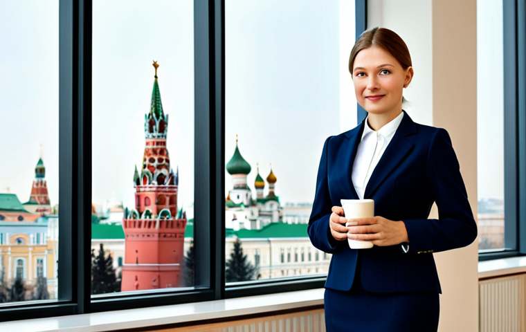 Business Professional**
"A confident businesswoman in a professional business suit, standing in a modern Moscow office building with a view of the Kremlin. She is holding a cup of coffee. Fully clothed, appropriate attire, safe for work, perfect anatomy, natural proportions, professional photography, high quality, modest, family-friendly."
**