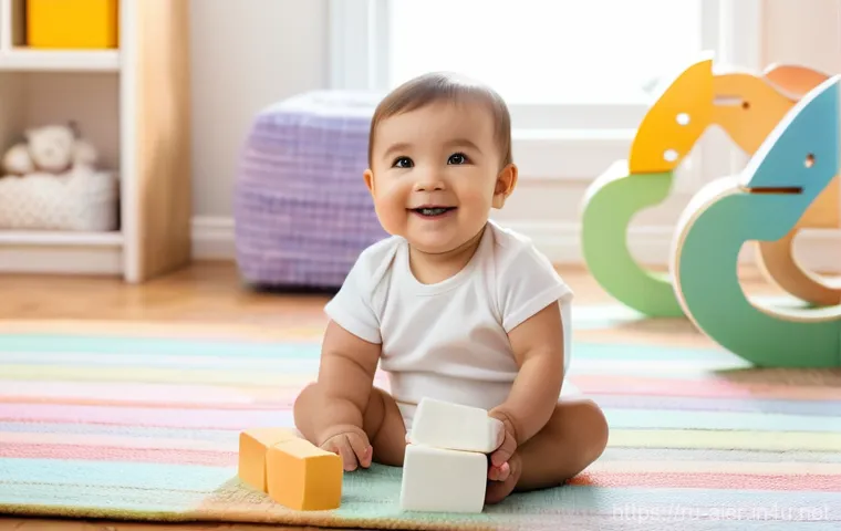 AI 학습자가 자주 하는 실수와 해결 방법 - A cheerful toddler, wearing a clean white diaper, sitting on a soft, colorful rug in a sunlit nurser...