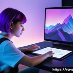 머신러닝과 자연어 처리 기술 - **Prompt: A young female digital artist, in her early 20s, with short, vibrant purple hair, is sitti...