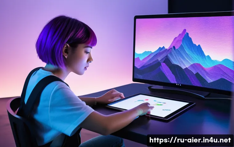 머신러닝과 자연어 처리 기술 - **Prompt: A young female digital artist, in her early 20s, with short, vibrant purple hair, is sitti...