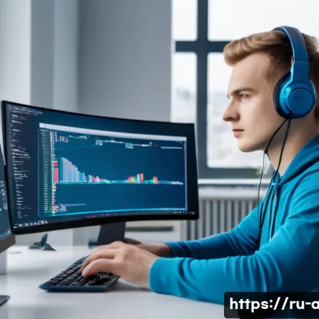 인공지능 실습용 툴 비교 - A modern workspace scene featuring a young Russian software developer sitting at a clean desk with m...