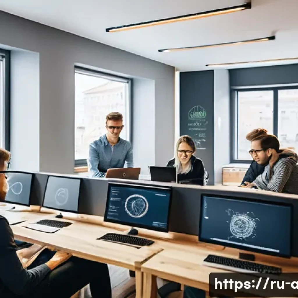 AI 분야의 경력 전환자 성공 스토리 - A diverse group of young Russian professionals in a modern coworking space, focused on learning arti...