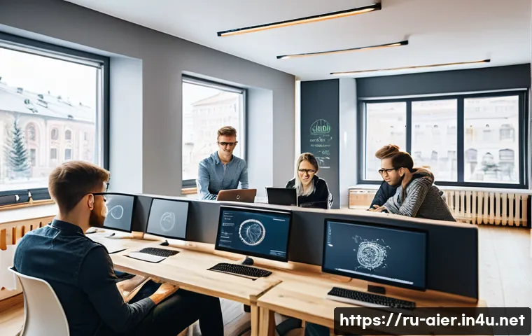 AI 분야의 경력 전환자 성공 스토리 - A diverse group of young Russian professionals in a modern coworking space, focused on learning arti...