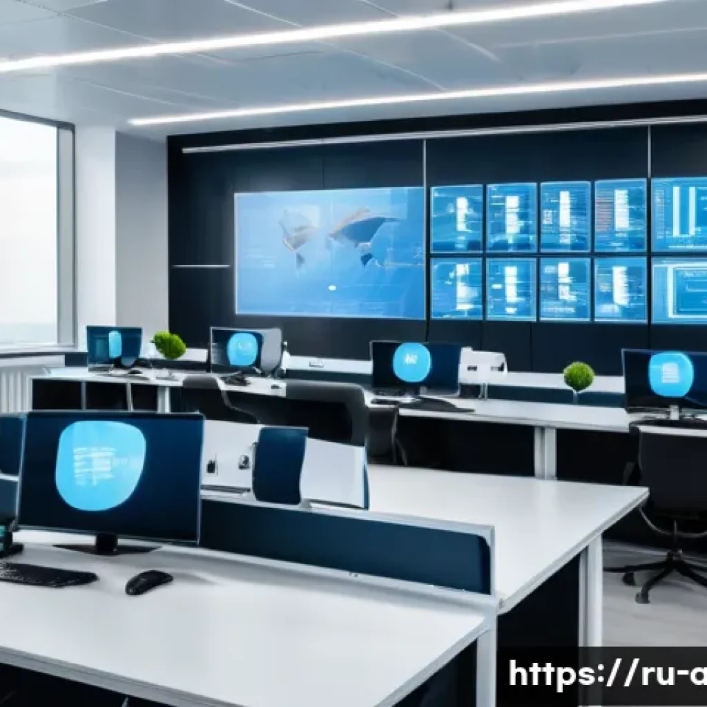 AI 기술과 공공 정책의 관계 - A modern Russian government office scene showing diverse civil servants using advanced AI-powered co...