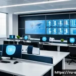 AI 기술과 공공 정책의 관계 - A modern Russian government office scene showing diverse civil servants using advanced AI-powered co...