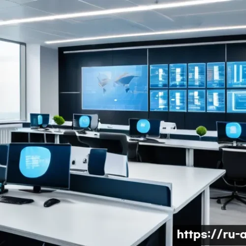 AI 기술과 공공 정책의 관계 - A modern Russian government office scene showing diverse civil servants using advanced AI-powered co...