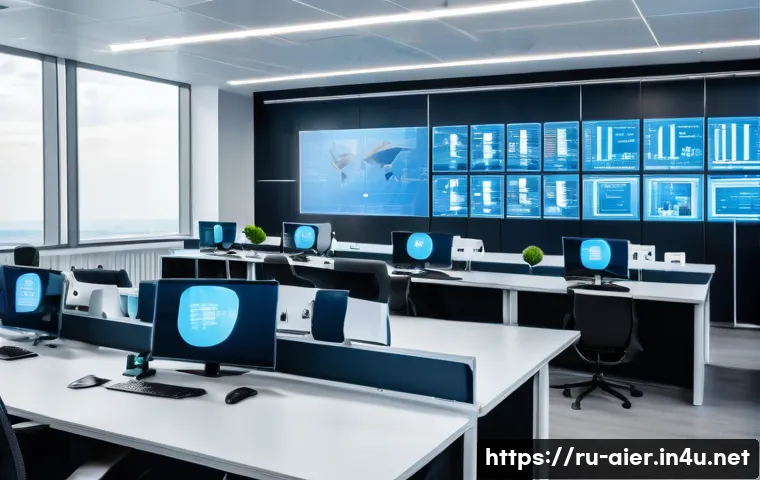 AI 기술과 공공 정책의 관계 - A modern Russian government office scene showing diverse civil servants using advanced AI-powered co...