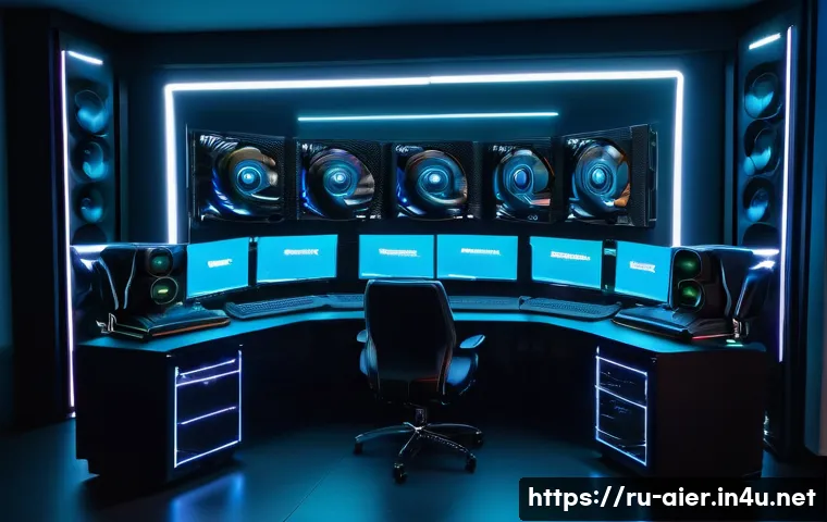 AI 개발 환경 구성 팁 - A high-tech AI research lab interior featuring multiple powerful NVIDIA RTX 3080 and 3090 GPUs insta...