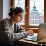 딥러닝 실기 시험 준비법 - A detailed, cozy home study scene featuring a young adult Russian student sitting at a wooden desk b...