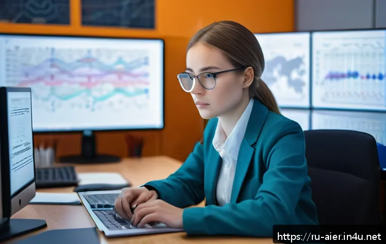 인공지능 학습의 실습과 이론 균형 - A focused young Russian AI researcher in a modern tech workspace, surrounded by multiple computer sc...