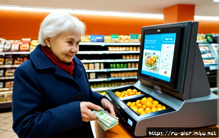 Home 30 인공지능과 경제적 변화 사례 - Photorealistic modern Moscow neighborhood grocery store, an AI-powered self-checkout station assisti...