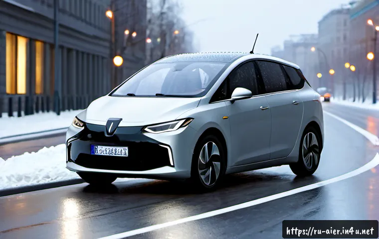Home 17 AI 기술을 활용한 자율주행차 사례 - Photorealistic autonomous electric car navigating a wide winter boulevard in modern Moscow, light sn...