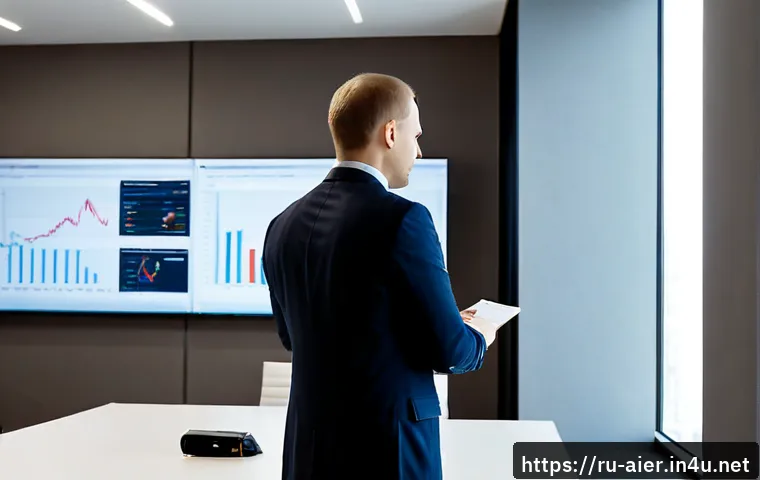 AI 전문가의 윤리적 고민과 해결 - Photorealistic Russian AI ethics specialist in a modern Moscow office, thoughtfully reviewing anonym...
